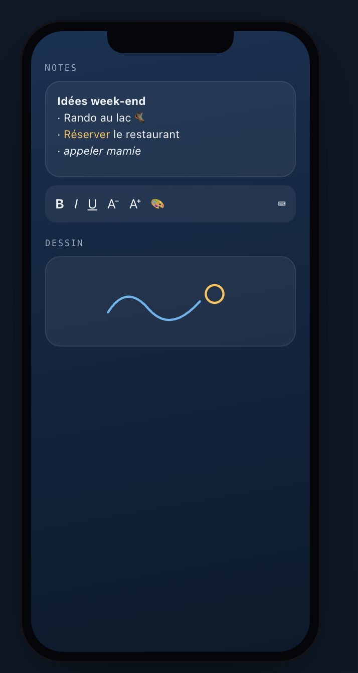 Écran Notes et dessin de DashboardToday